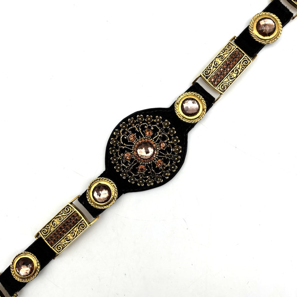 Vintage 80s Ames 9845 Black Suede Gold Medallion Rhinestone Waist Belt L 34\